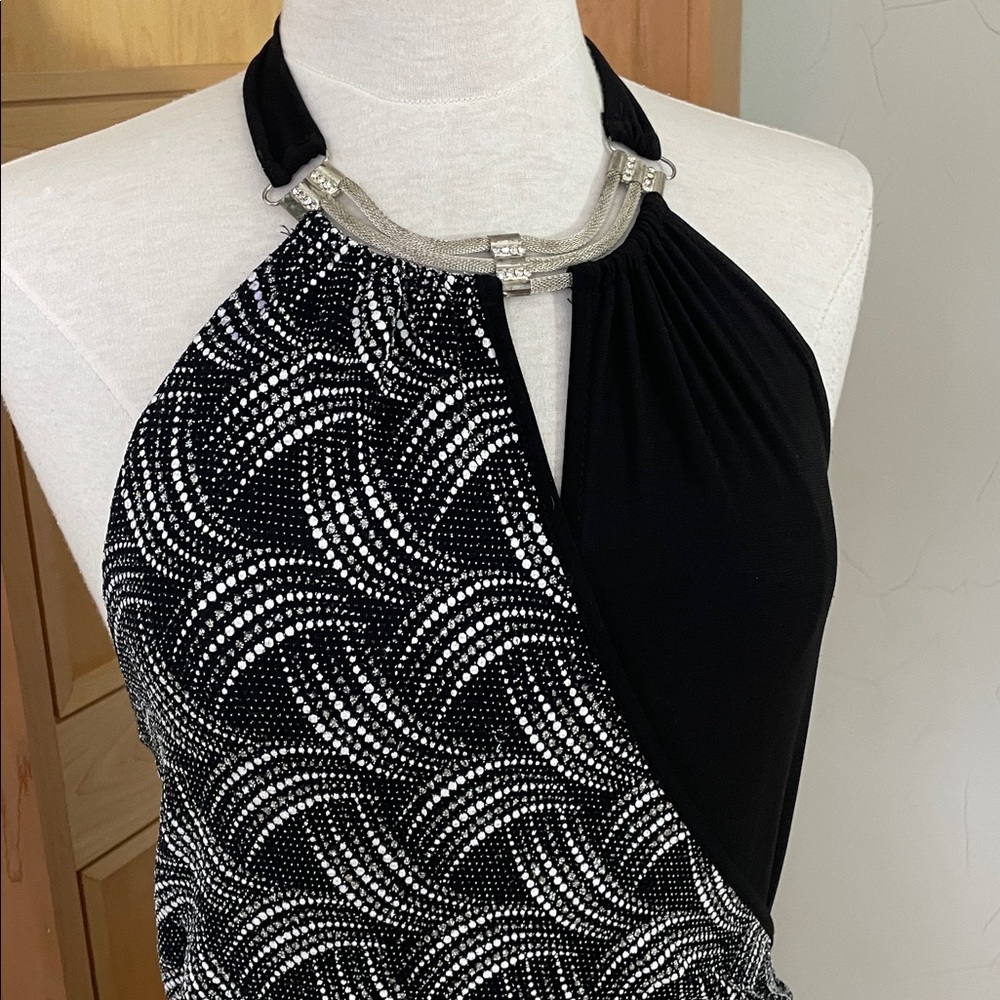 Black Halter Wrap-Style Dress with Wave Print Overlay Rhinestone Beads, Size S/M